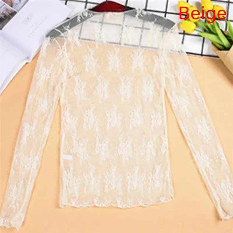 Korea Stil Mesh T Shirt Spitze Blume Unter Shirt Langarm Transparent T-shirt Sexy Schwarz Spitze Durchsichtig Mesh T Tops Frauen – Detail 11