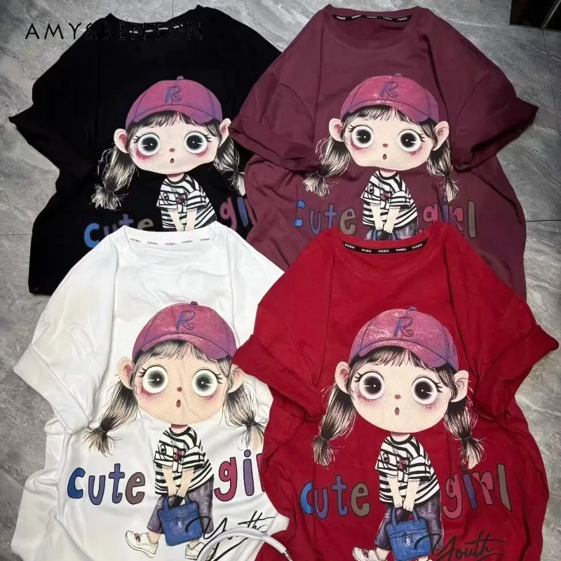 2026 Spring New Fashion Versatile Loose Slimming Cartoon Print Short Sleeves T-shirt Women's Kawaii Clothes Y2k Tees Pullover