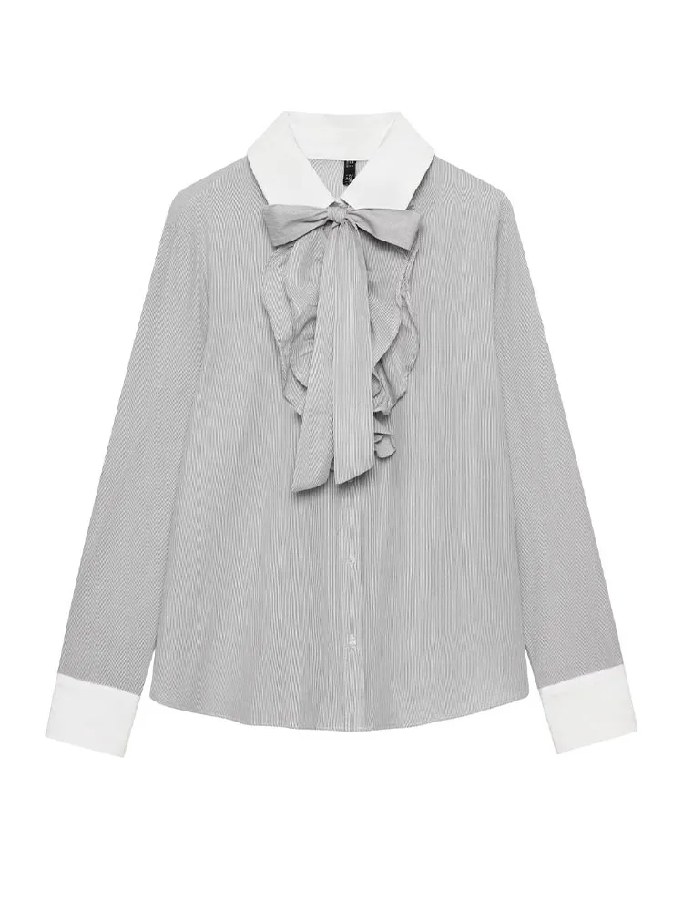 

HH 2026 Woman Fashion Striped Patchwork Bow Decoration Top Female Long Sleeves Lapel Single Breasted Commuting Loose Shirt Mujer