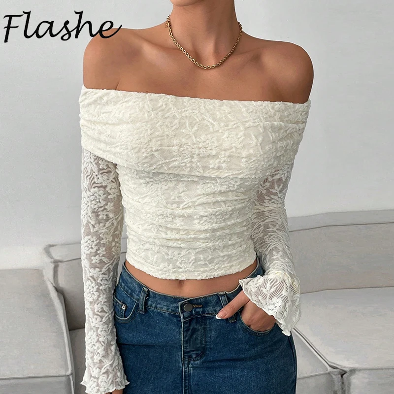 Neue Stil Mode Einfache Off Schulter Langarm T-Shirt Frauen Sexy Tops Weiß Schwarz Spitze T Elegante Solide Y2K Enge T-Shirts