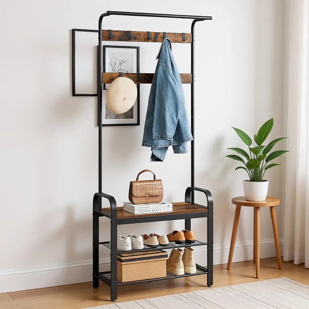 

4-in-1 Entryway Bench with Coat Rack, Shoe Storage, 9 Hooks, Hanging Rod, 13.3x28.3x72.1, Rustic Brown & Black