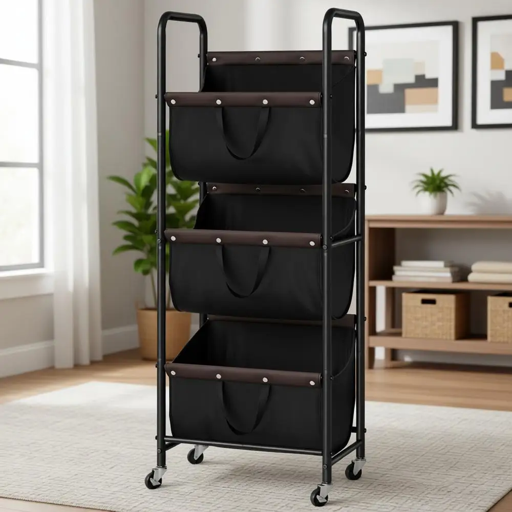 

3-Tier Rolling Laundry Basket with Wheels for Home and Dorm Storage in Black