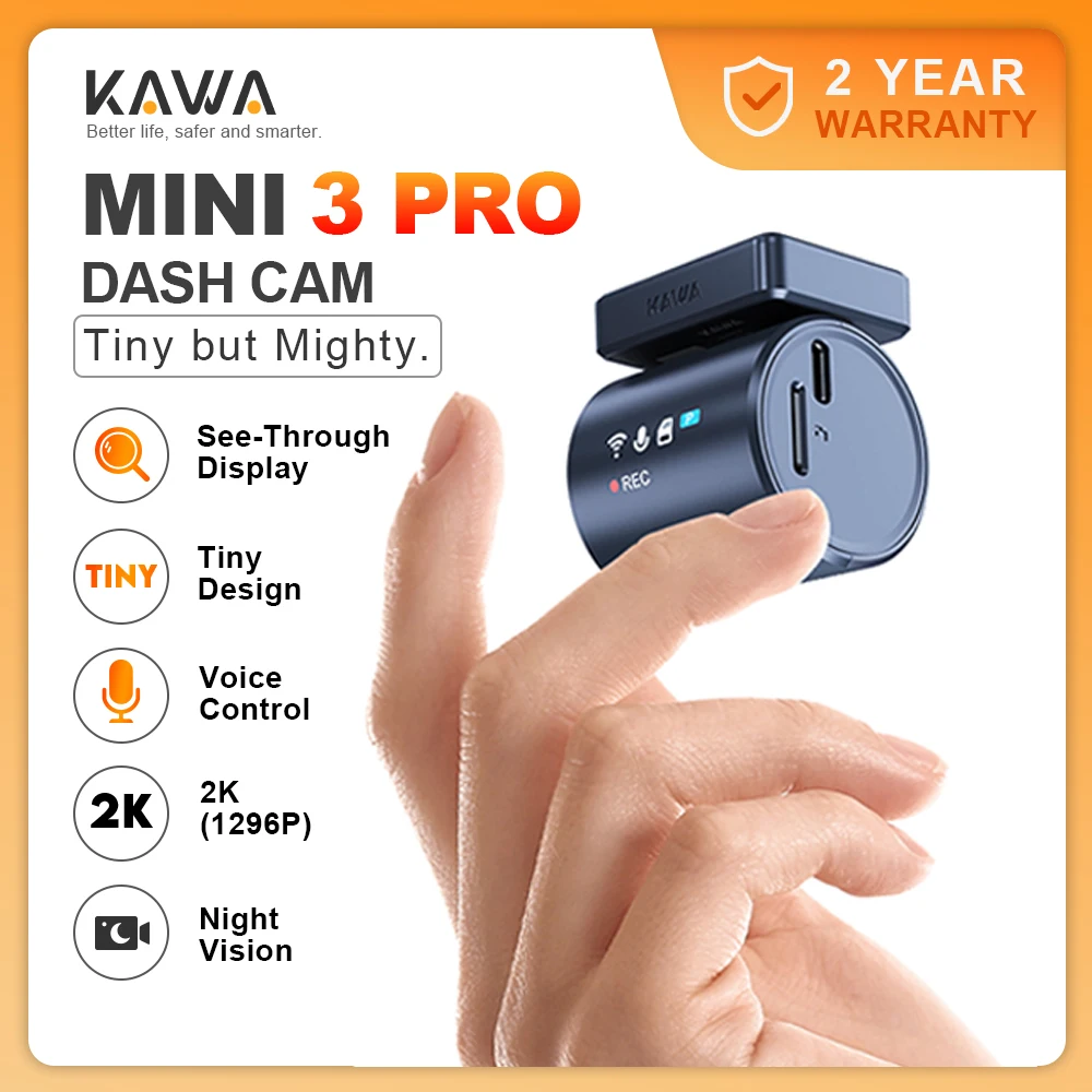 KAWA Dash Cam MINI 3 Pro See-Through Display Tiny 2K Voice Control 24/7 Parking Monitoring,Night Vision,Supercapacitor,Car DVR