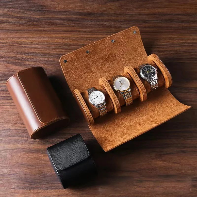 Luxurious Travel Portable Handmade Leather Watch Roll Box Jewelry Accessory Velvet Protection Secure Storage Fashion Storage Bag