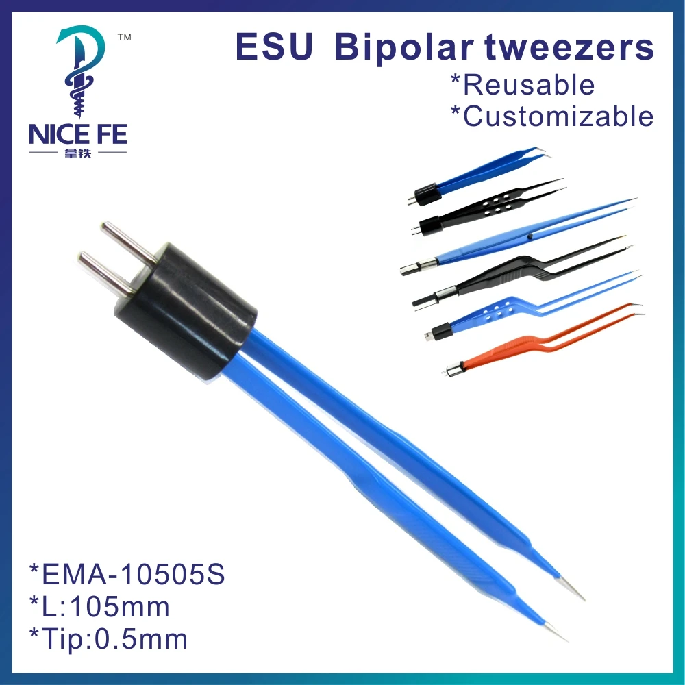 Yeniden kullanılabilir AHA mavi Bipolar forseps Bipolar cımbız düz veya elektrocerrahi ünite için kavisli, L:10.5cm, İpucu 0.5mm