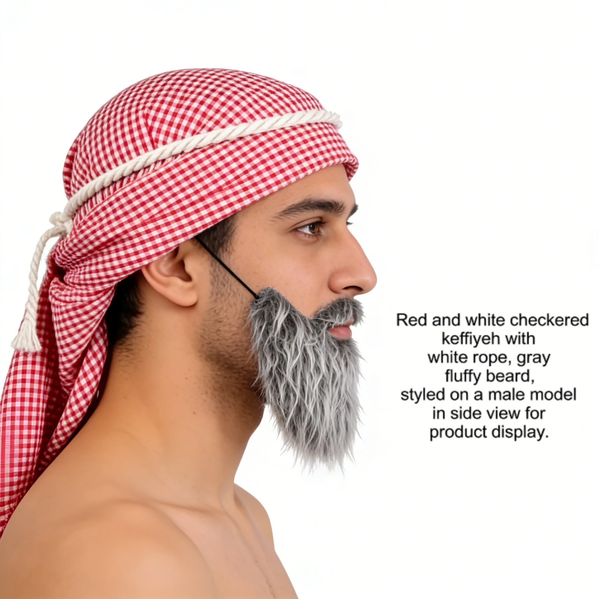 Men Arab Costume Set Red White Plaid Keffiyeh Headscarf + Grey Fake Beard Halloween Cosplay Accessory Kit for Party Carnival