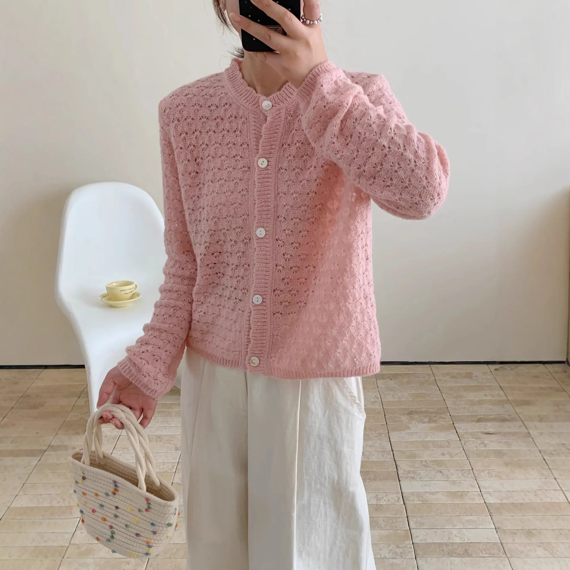 Feminino malha lã mistura em torno do pescoço aberto cardigan início do outono novo estilo outerwear camisola verde estilo coreano topo