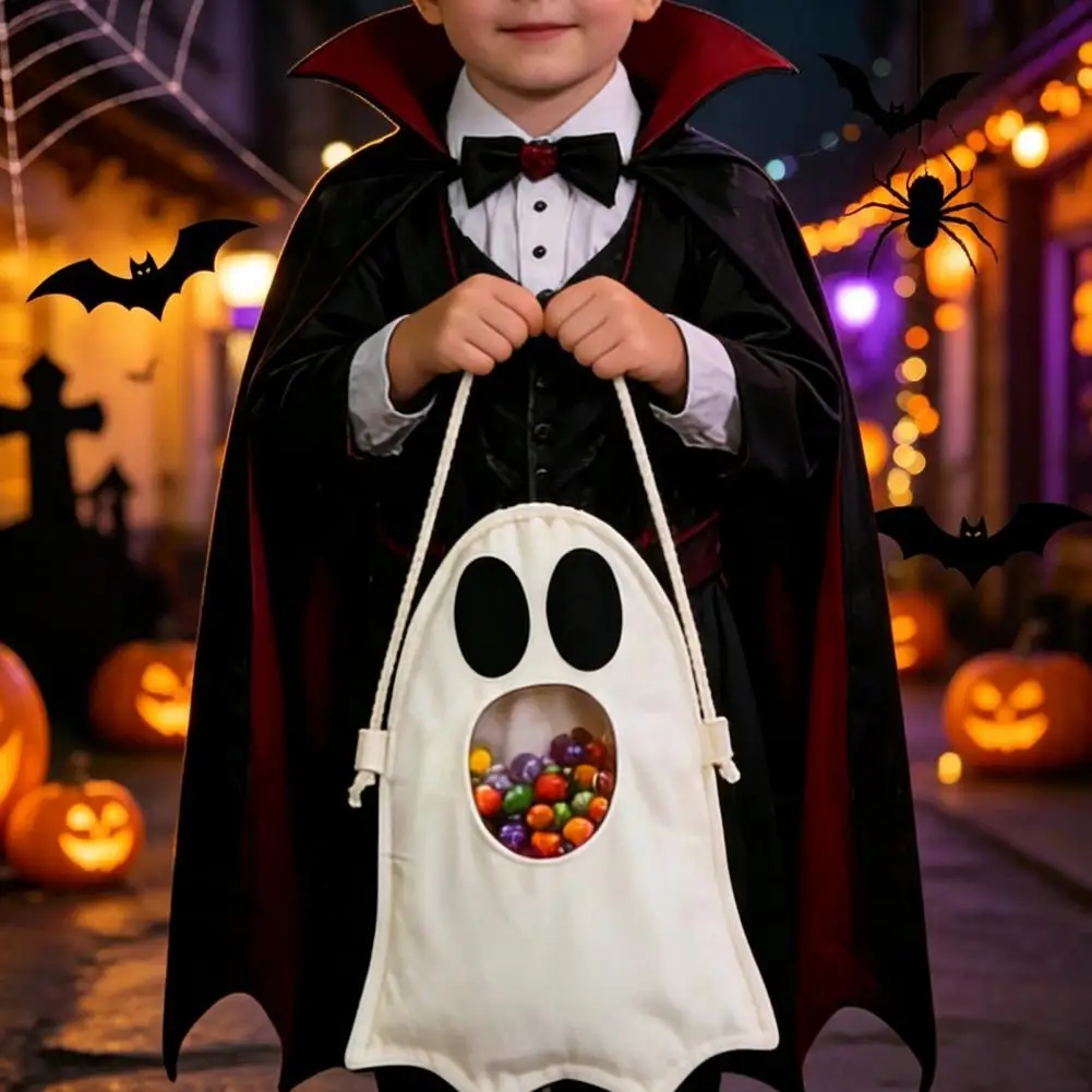 Durable Fabric Candy Holder Halloween Ghost Candy Bag for Kids Cute Fabric Treat Tote with Handle Spooky for Halloween for Kids