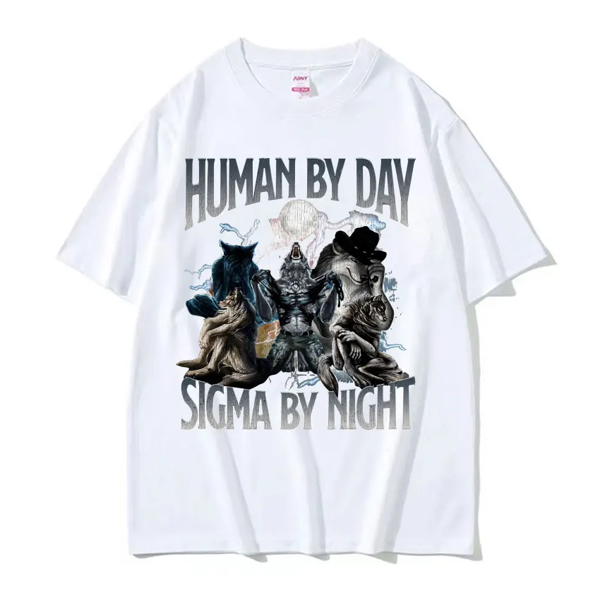 Camiseta humana al día Sigma por la noche, divertida camiseta con Meme de lobo, ropa para hombre, moda Harajuku, Camiseta gótica de algodón de gran tamaño, ropa de calle