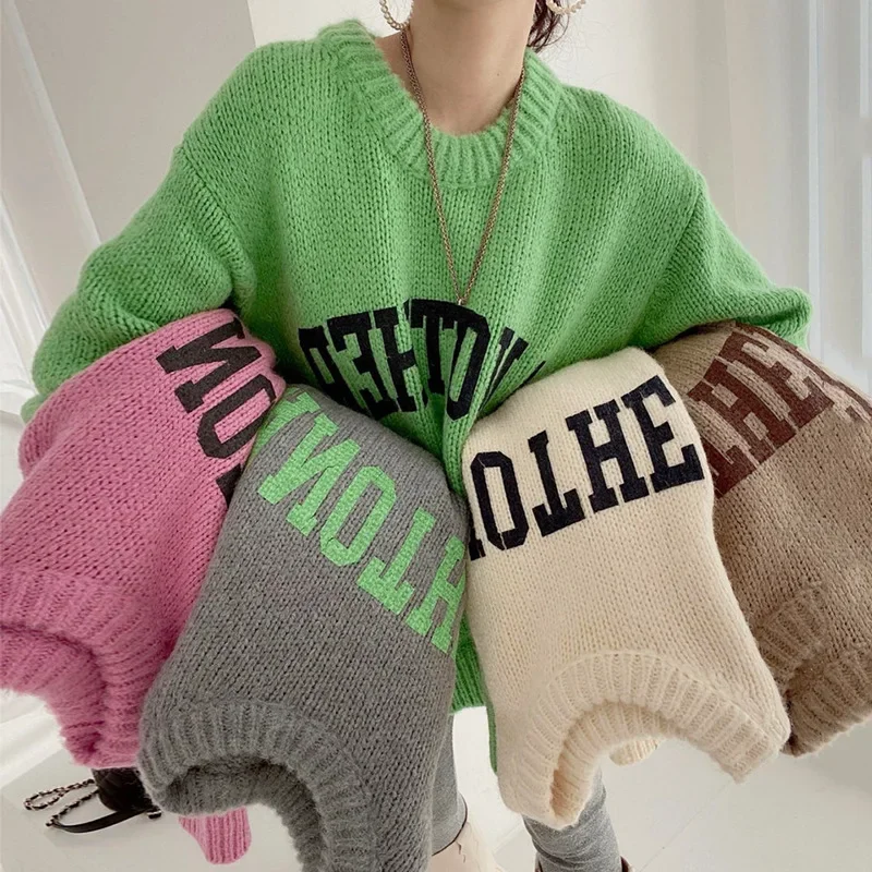 Korean Fashion Spring Autumn Candy Color Sweater Pullovers for Women Loose Oversized Sweater Letter Knitted Pullovers O Neck