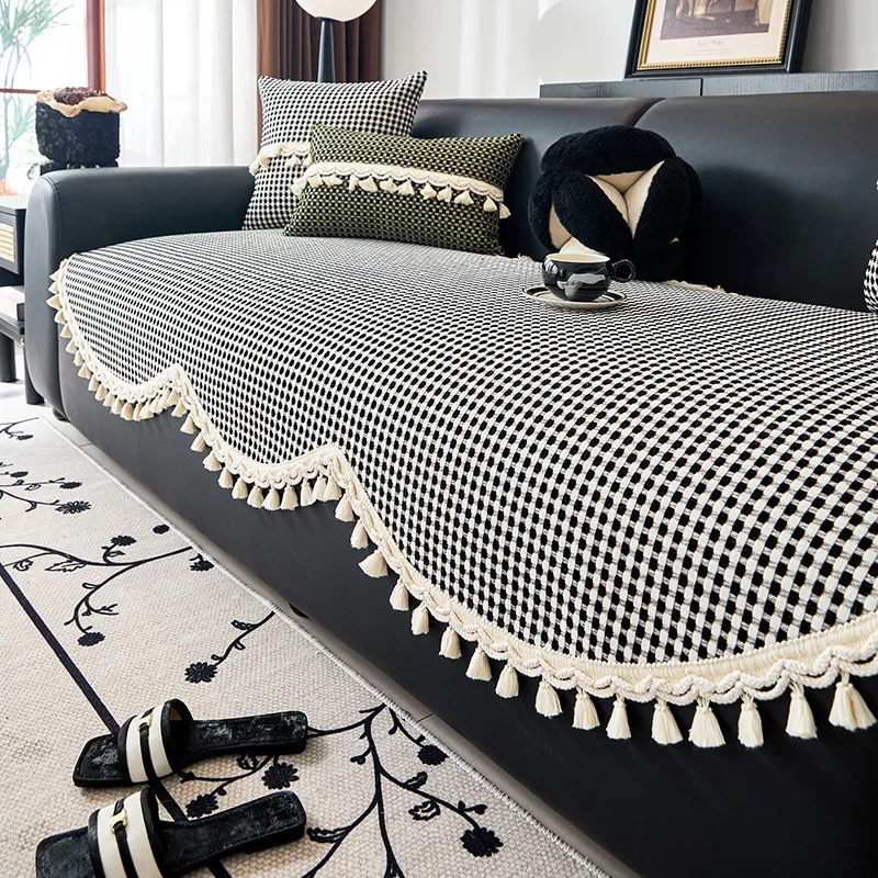 Irregular Grid Sofa Cushion with Tassels Classic Chenier Dust Cover for All Seasons Wear-Resistant Anti Scratch Sofa Cover