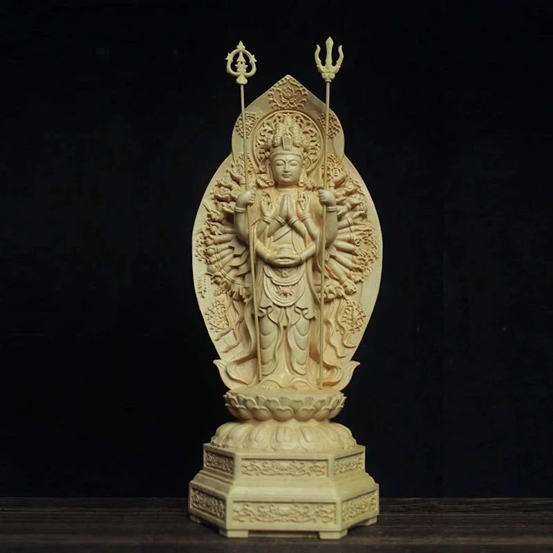 Solid wood carving thousand-handed Guanyin Buddha statue，Semi Hand Carved,Home living room bedroom feng shui statue 15-20cm