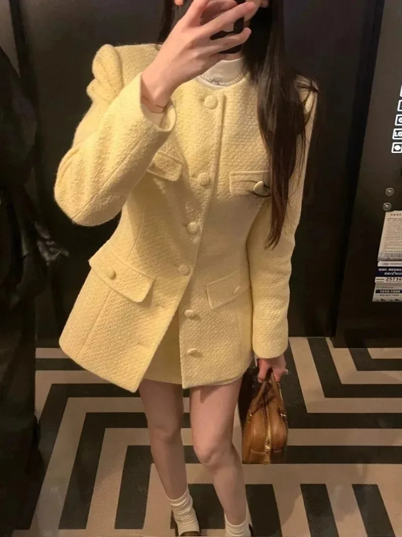 French Sweet Coat Skirt Two Piece Set Women Fashion O-Neck Single Breasted Temperament Korean Solid Celebrity Chic Slim Suit New