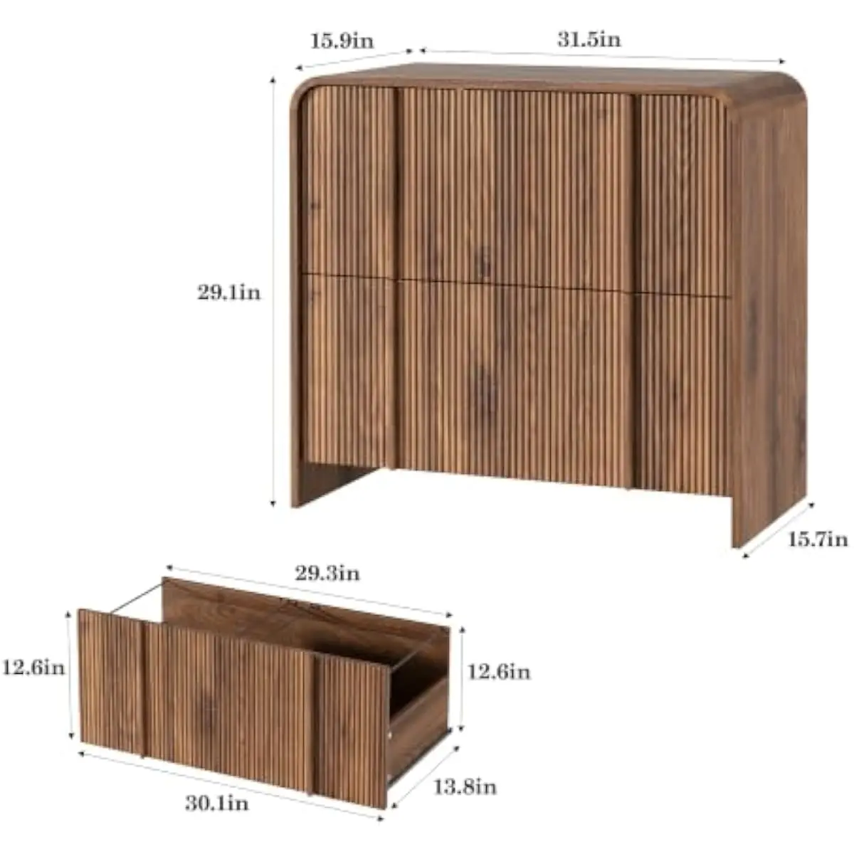 Lateral filing cabinet with two full-extension drawers featuring fluted textured doors and softly rounded corners, engineered wo