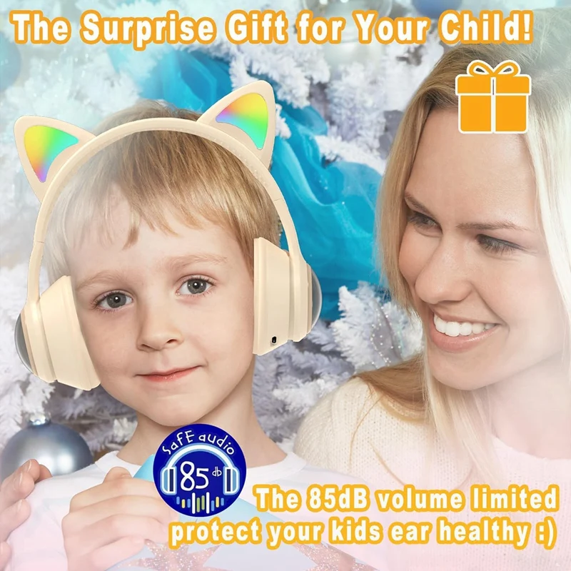 Auscultadores Bluetooth para crianças, auscultadores sobre a orelha, orelhas de gato, auscultadores para telefone com luz LED