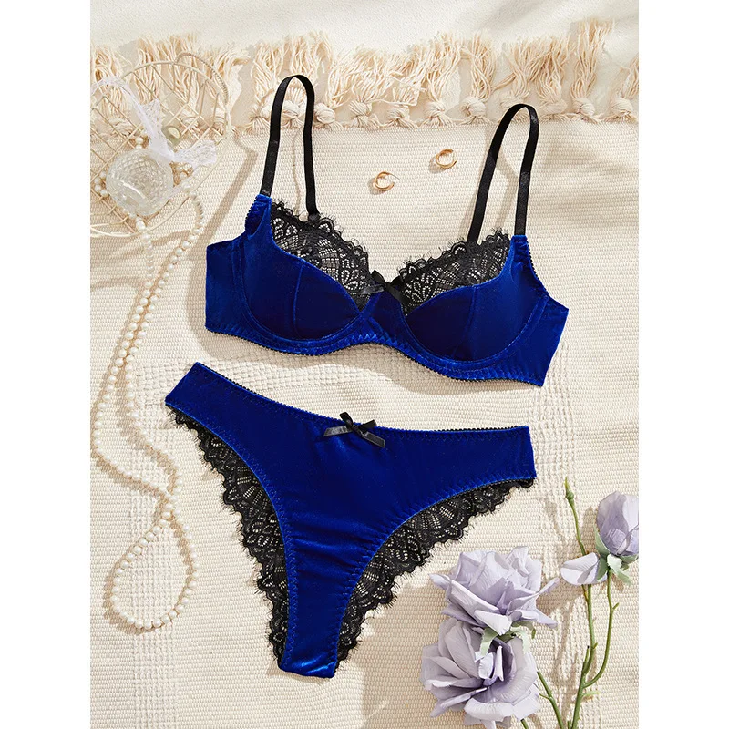 Sexy Female Lingerie Luxury Velvet Bra Set Lace Splicing Underwear Three-point Women's Lingerie Comfortable Intimate Underwear