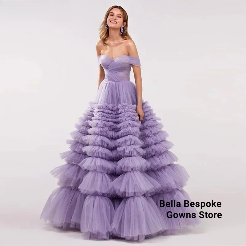 

Lavender Tiered Prom Dresses Sweetheart Off the Shoulder Ruffled Long Evening Dress Lace-up Wedding Party Gown 2023