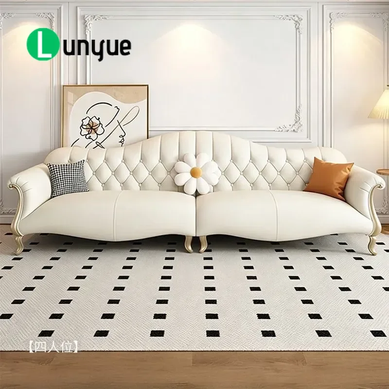 European American Style Leather Sofa Set First Layer Cowhide Solid Wood 123 Straight Row Living Room Furniture for Small