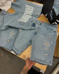 Y2K gótico Hip Hop diamantes de imitación Retro Azul pantalones vaqueros holgados Denim gimnasio ropa de calle pantalones cortos hombres mujeres pantalones cortos de baloncesto de cintura alta