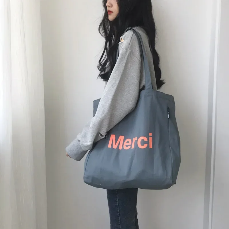 Girls Bag Canvas Tote Bag Letter Casual Solid Letter OPEN SOFT Shoulder Bag Handbag High-Capacity Sjopping Bag Simple Merci