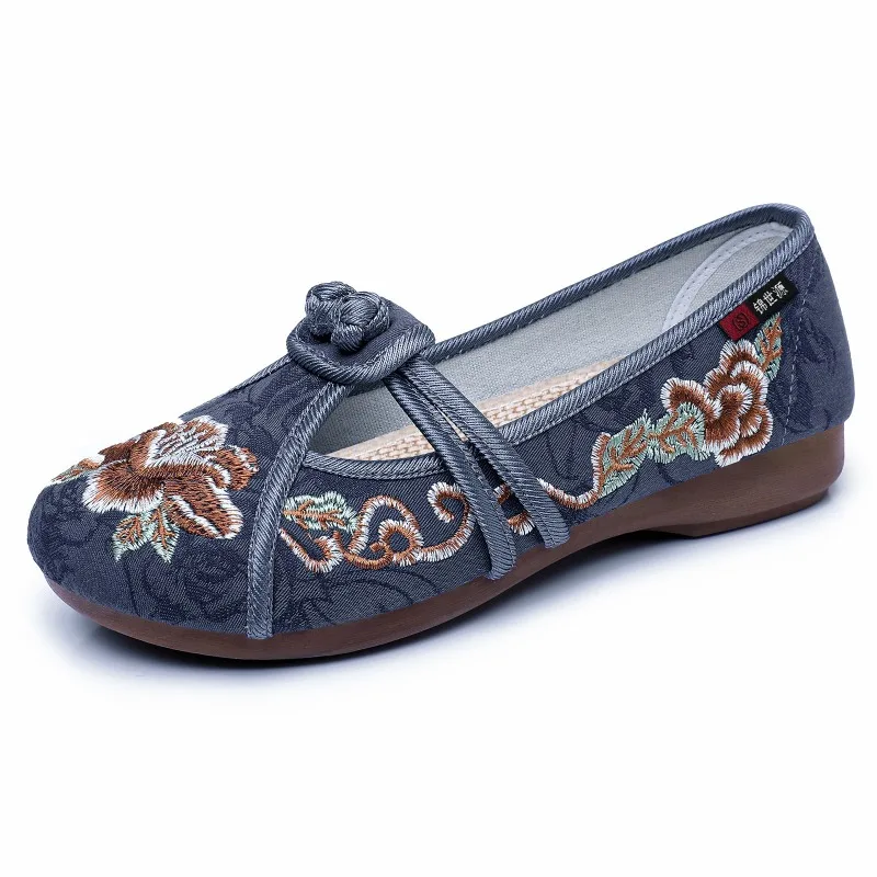 Women Traditional Chinese Embroidered Mary Jane Flats Old Beijing Cloth Shoes Non Slip Comfortable Casual Walking Shoes Daily