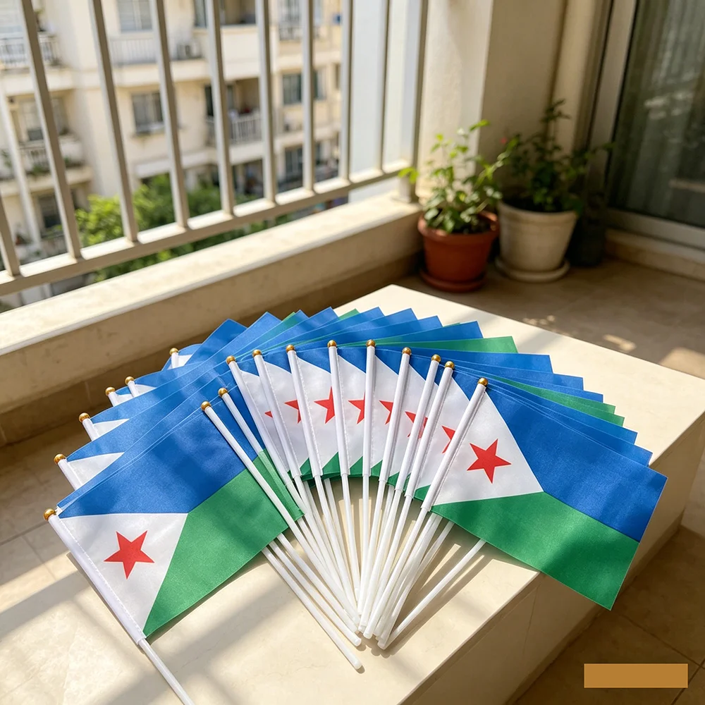 Djibouti Flag 14x21cm Polyester Flying Flag Djibouti Hand Waving Flags with Plastic Pole for Sports Activity Home Decoration