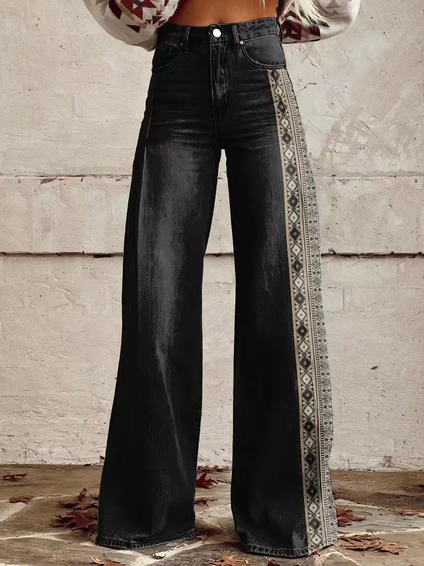 Women's 3D Printed Flare Jeans-Polyester Wide Leg Pants with Distressed Vintage Look, High Waist Comfort Fit for Street Fashion