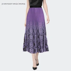 Womens Mid-length Pleated Skirts Gradient Snake Skin Printed Elastic Waist A-line Elegant Flowy Spring Summer Trendy Bottoms