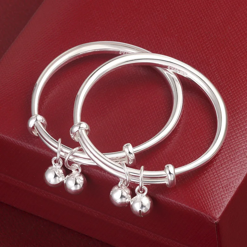 

0to4Years Old925Pure Silver Glossy Bell Baby Bracelet Parent-Child Children Adult Baby Sterling Silver Pair