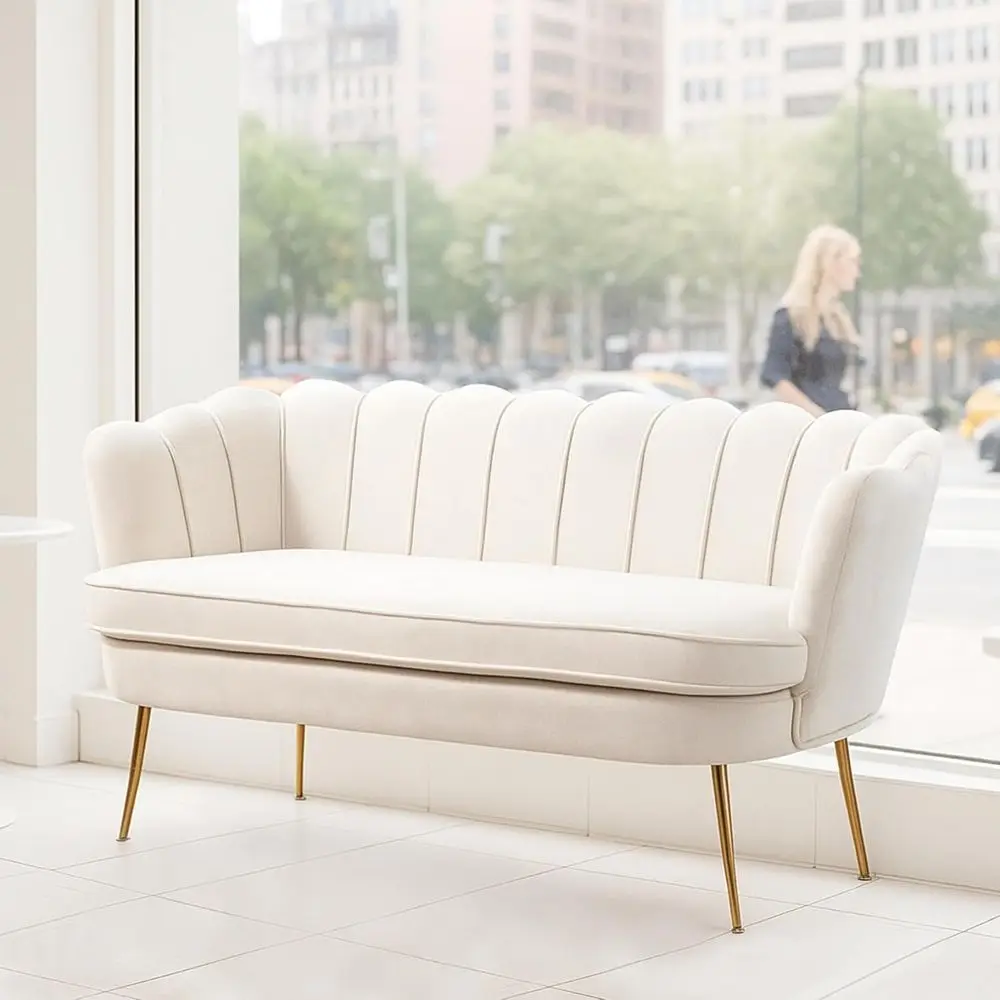 59'' Loveseat Soa, Comy Chenille 2-Seater Soa with Gold Legs, ern Shell Accent Couch or Studio, Living Room, Store, Oice (Beige