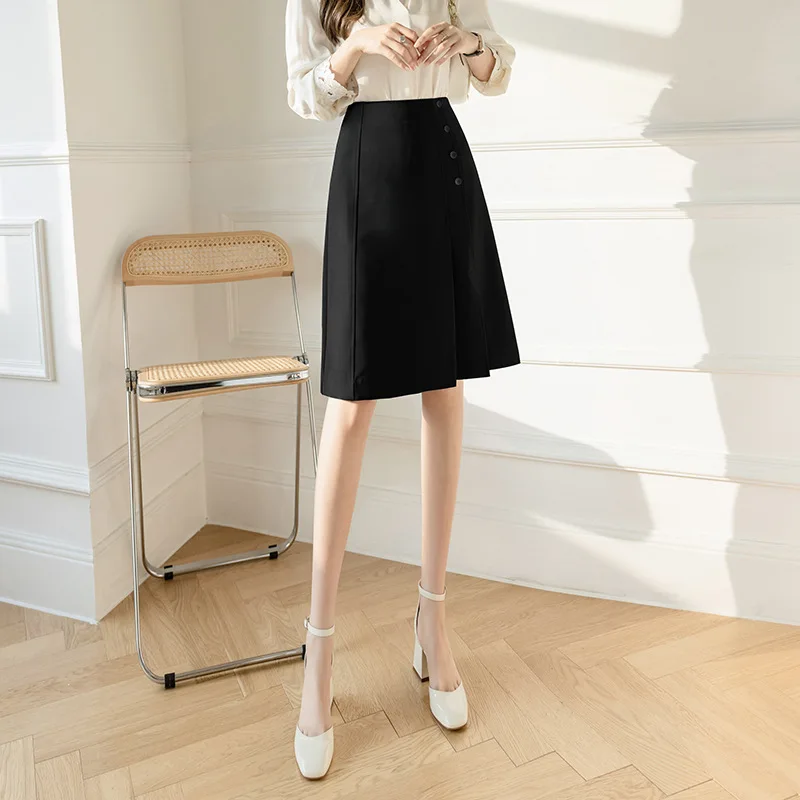 A Line Skirt Women Solid Color Casual Fashion Spring Summer Office Ladies Skirts High Street Simple OL Vintage Saias