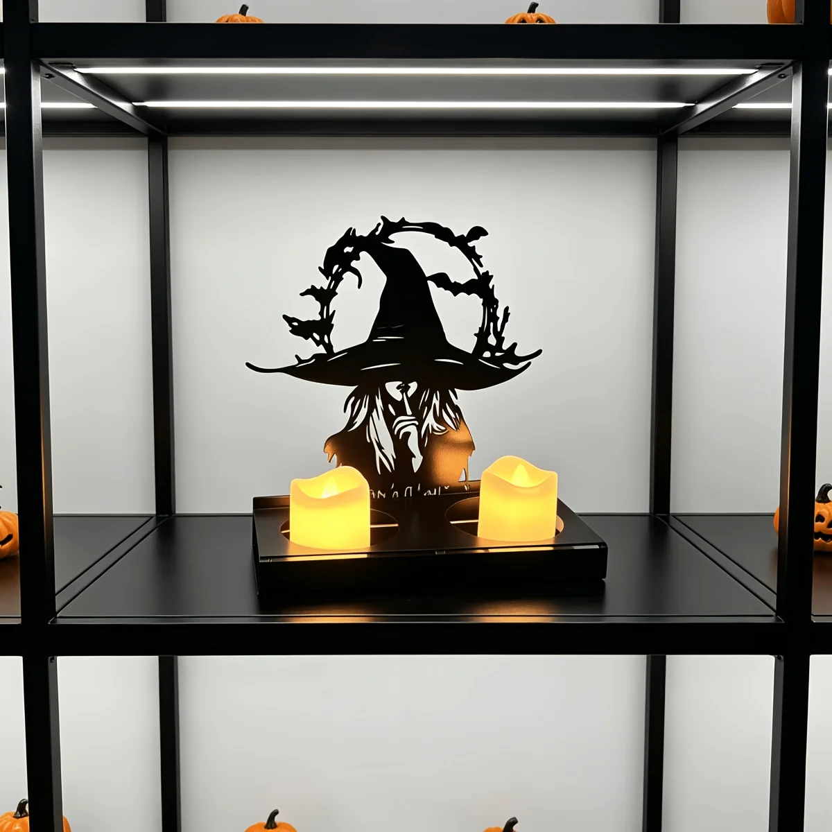 CIFBUY Iron Candle Holder Halloween Witch Silhouette Bat Vine Laser Cut Metal Sculpture Shadow Projection Decor For Home Gift