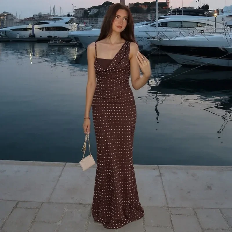 

Polka Dots Spaghetti Strap Dress For Women Sexy Plunge Mesh Maxi Dress Irregular Elegant Vacation Party Female Clothes