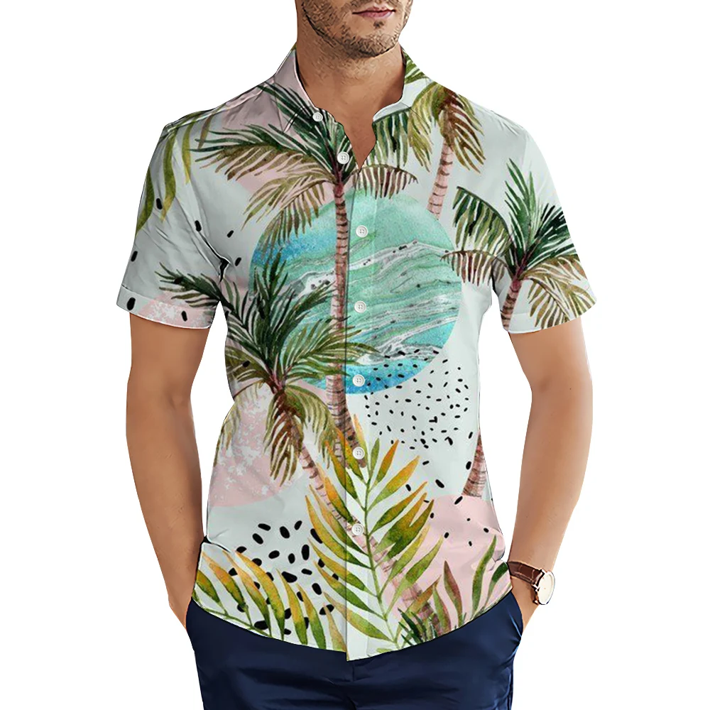 HX Fashion Hawaii Shirts Island Beach Sunset Coconut Tree 3D Printed Casual Shirts Men Summer Short Sleeve Tops Camisas