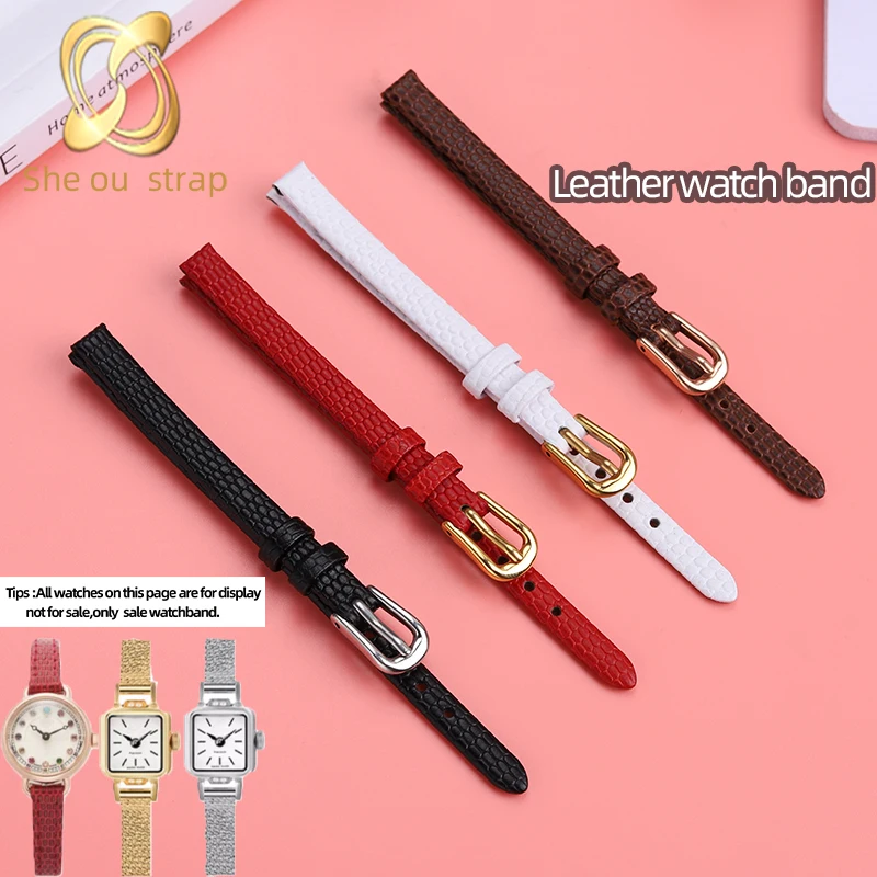 6mm 8mm 10mm Lizard Design Watch Strap For Casio Fossil Rosemont RS045 Cowhide Leather Watch Band Small Size Women's Wristband