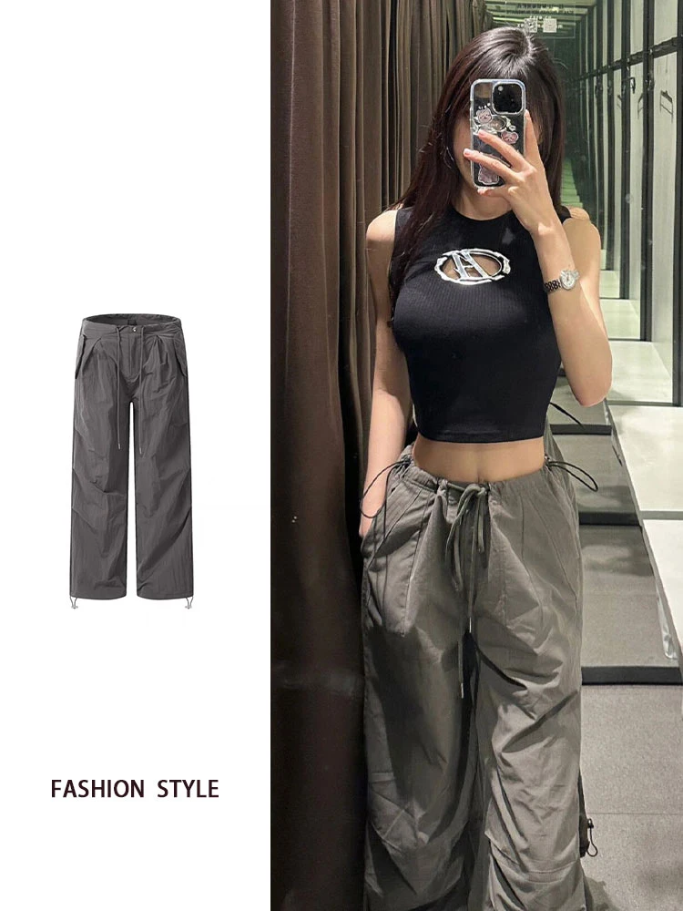 Retro American Work Pants Women Loose Dstring Low Waist Spring Summer Thin Sle 2024 Spicy Girl Casual Wide Leg Pants