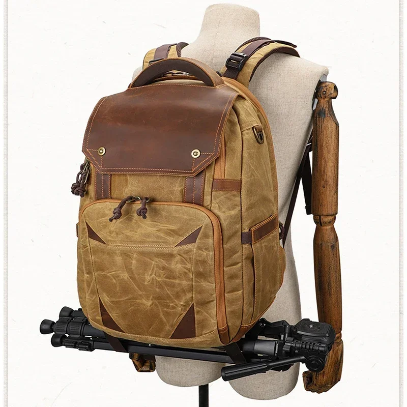 New Waterproof Photography Retro Batik Canvas Leather Backpack w USB Port fit 15.4inch Laptop Men Camera Bag Travel Carry Case