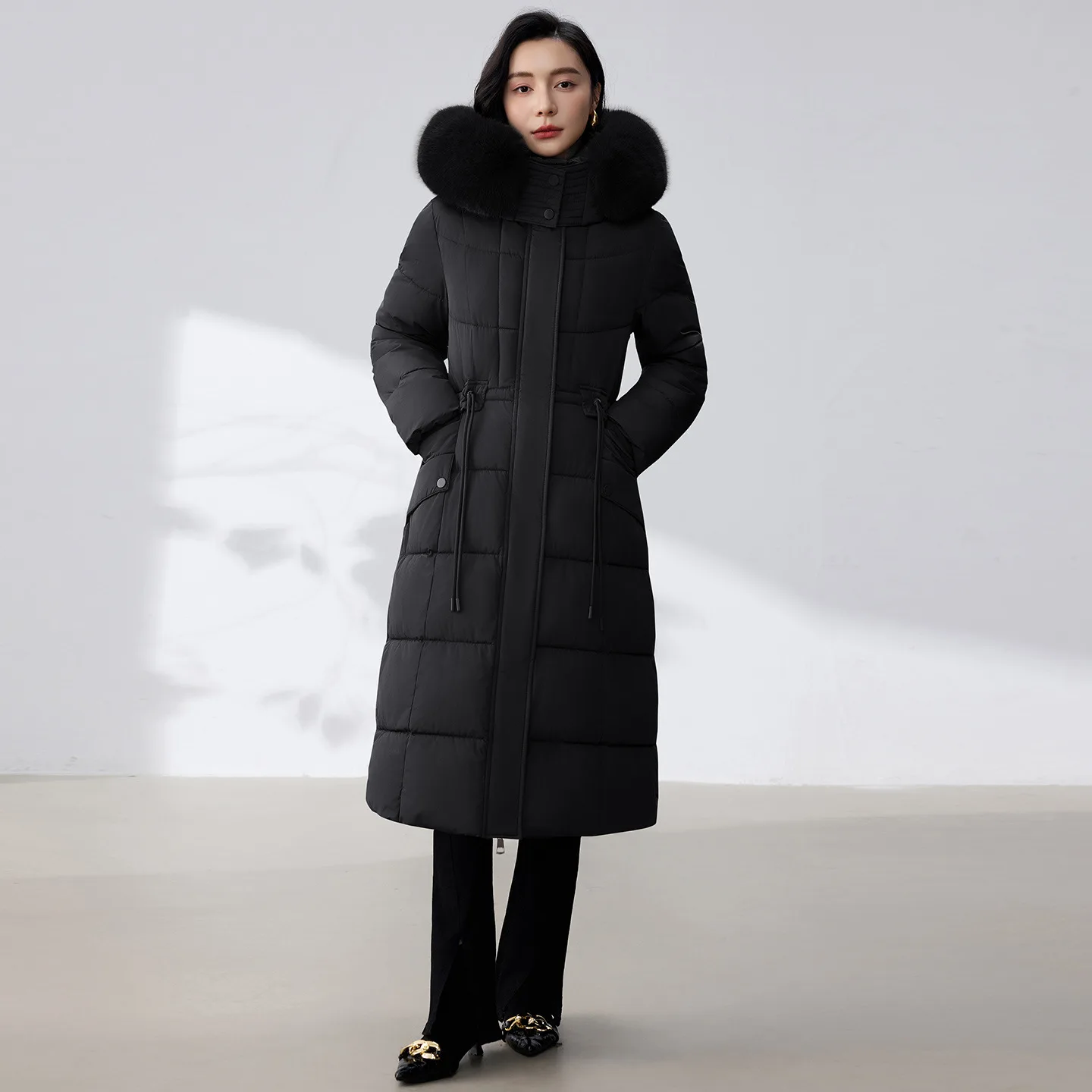 Ladies' Hooded Coat Autumn Winter Casual Warm Long Large Fur Collar Cotton Coat Over-the-Knee Loose Thickened Hooded Jacket
