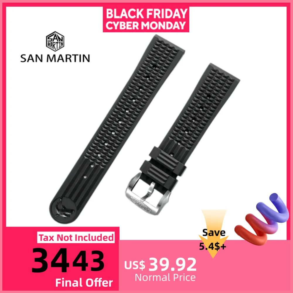 

San Martin ремешок для часов FKM водонепроницаемый фторэластомерный ремешок из нержавеющей стали/бронзовой пряжки без вставки 20 мм ремешок для часов для 62MAS 007