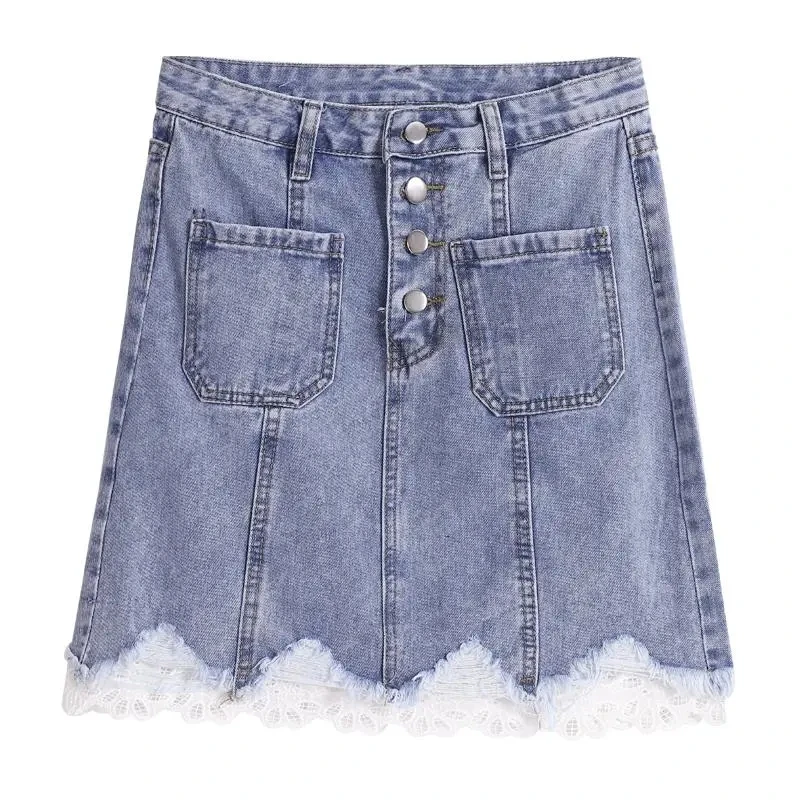 Faldas Denim Skirt Female Korean Version Of Fashion Breasted Lace Patchwork Lace High Fanny Pack Hip Skirt Ropa De Mujer Skirts