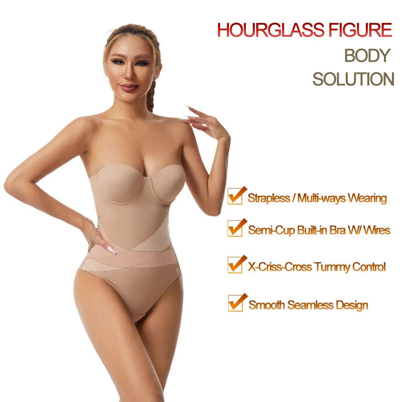 Cross-border plus size sem costura vestido shapewear de uma peça especial sem alças espartilho cintura cincher hip levantador com sutiã