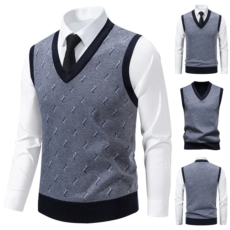 Men's V-neck Knitted Sweater Warm Autumn Winter Diamond Grid Twisted Flower Casual Fashion Versatile Knit Top
