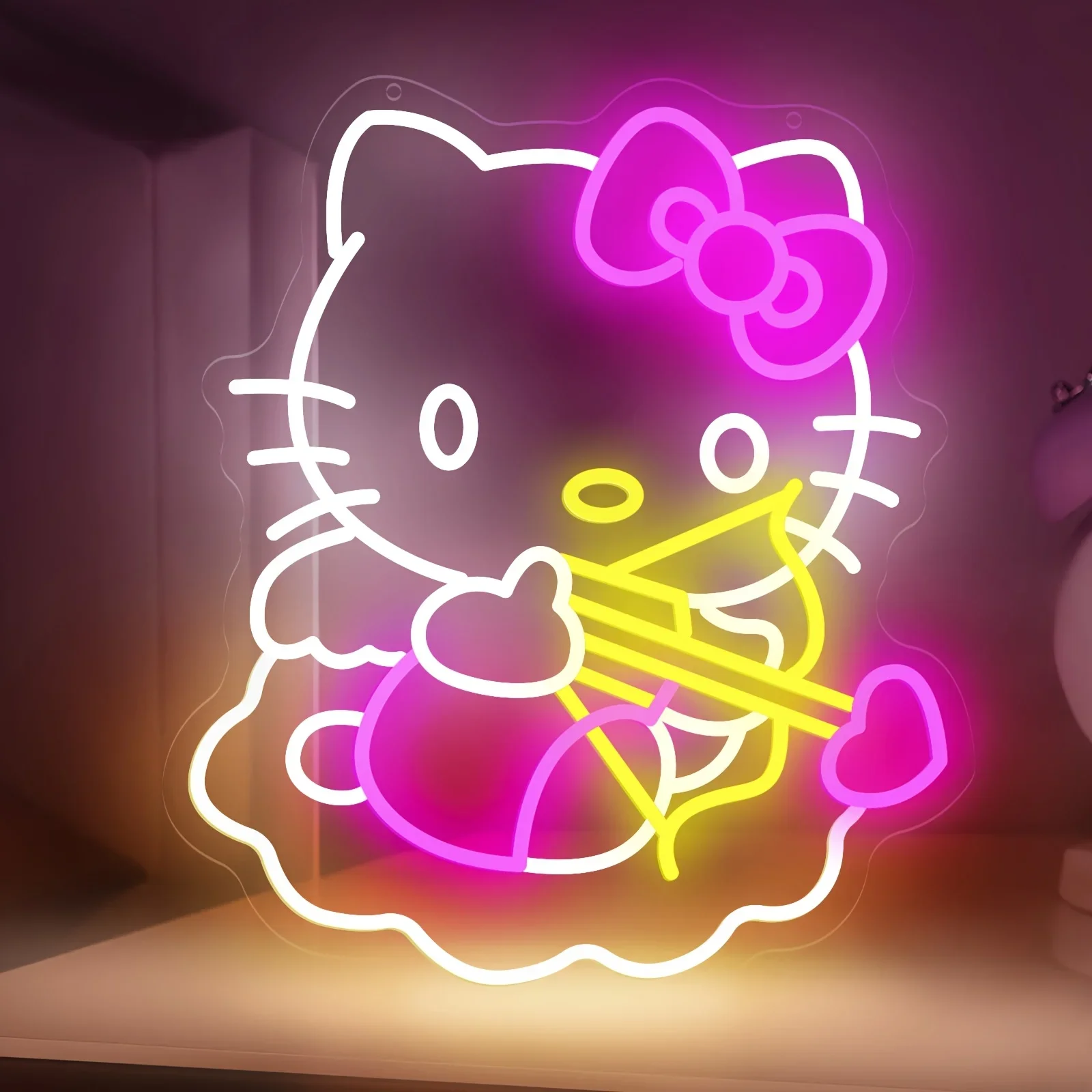 

Светодиодная неоновая вывеска Cupid Hello Kitty с любовной стрелой, декор для спальни Sanrio, милый подарок для девочек и детей, создает романтическую атмосферу в стиле каваи.