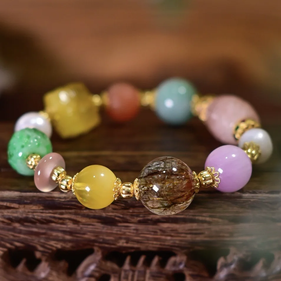 Natural Colorful Multi-Gemstone Bracelet, Black Gold Super Seven Kunzite Freshwater Pearl Jadeite Red Agate Amber