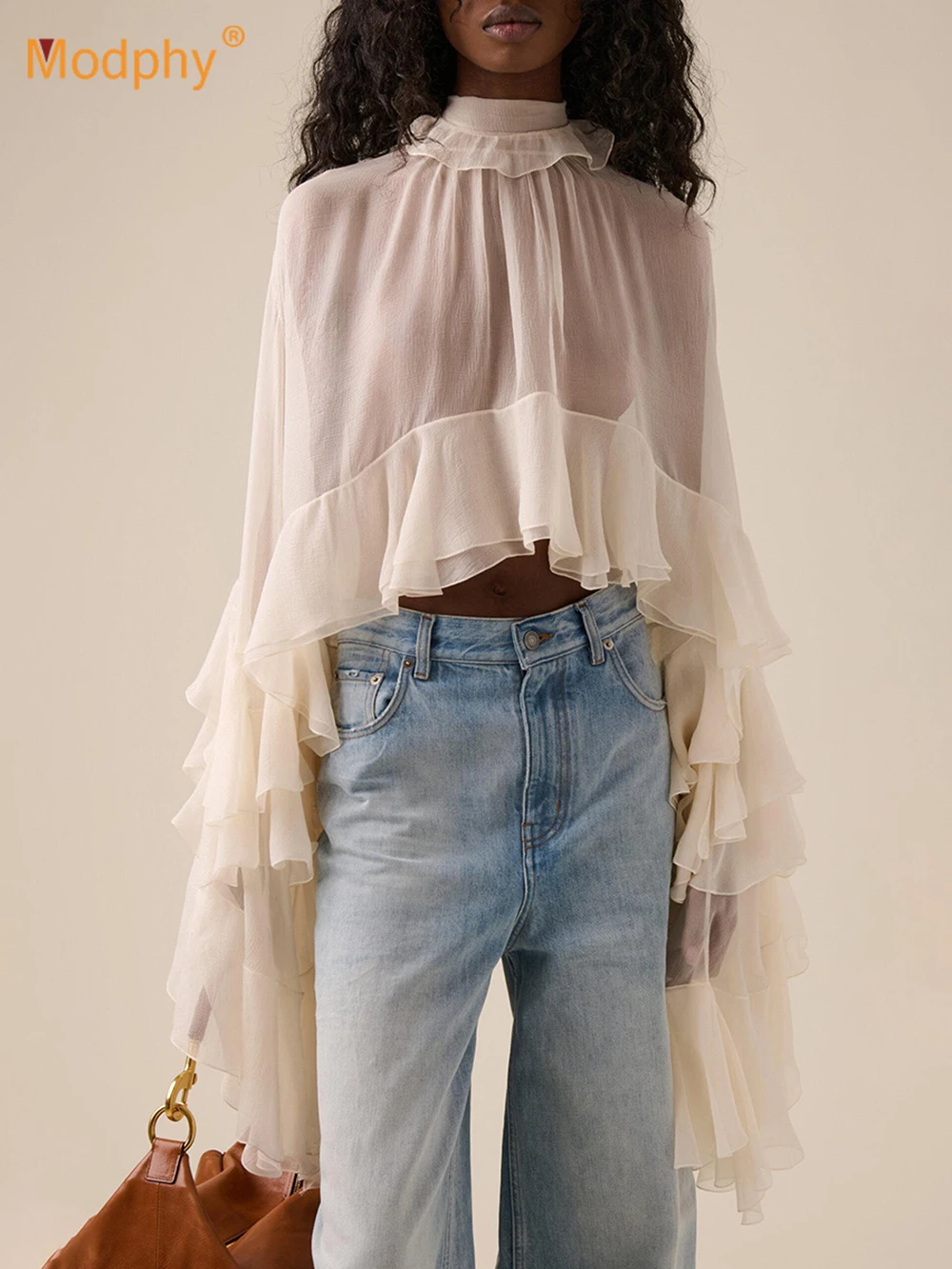 

Modphy Casual Loose Asymmetric Clothes Elegant Solid Color Tied Waist Blouse Women Summer Long sleeves lace-up Chiffon Shirt