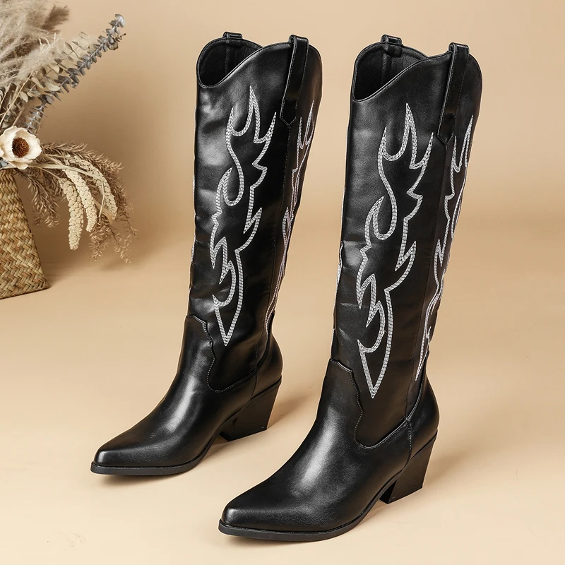 

Модные длинные сапоги Aneikeh в западном стиле, новый дизайн, с вышивкой, заостренный носок, высокие сапоги до колена, женские туфли на квадратном каблуке