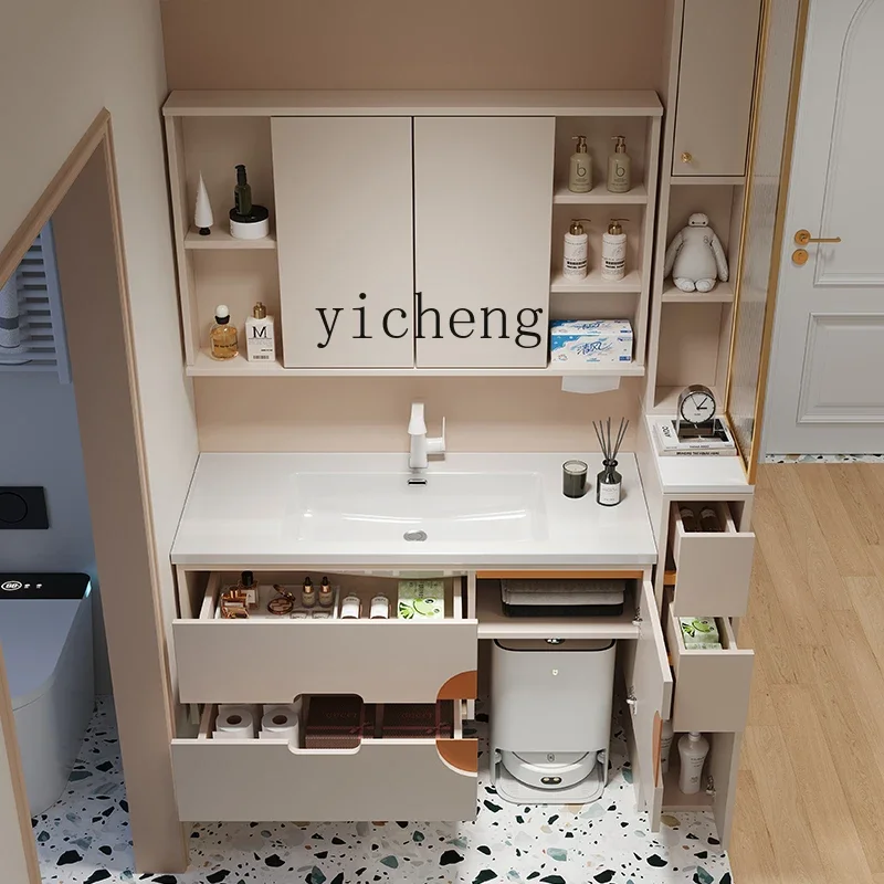 

YS-8 Foldable Hidden Feng Shui Mirror Bathroom Cabinet Combination Oak Integrated Ceramic Washbasin
