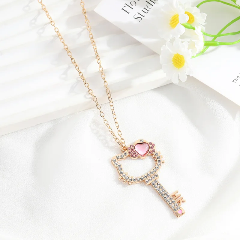 Hello Kitty Necklace Sanrio Anime Character Pink Peach Heart Crystal Cat Push-Pull Bracelet Pendant Couple Decoration Girl Gift