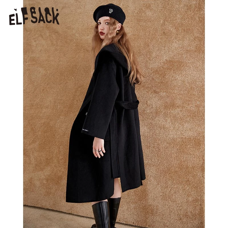 ELFSACK Red Hooded Wool Coats Women Winter Mid-length Outwears