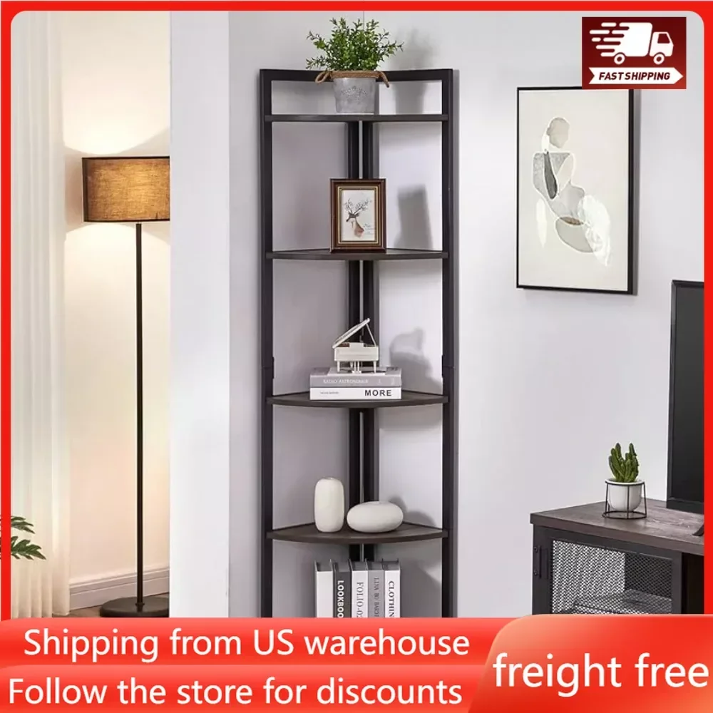 

Nice Plant Rack Rustic Tall Corner Bookshelf 5 Tier Industrial Corner Shelf Stand Dark Wood and Metal Corner Plant Bookcase